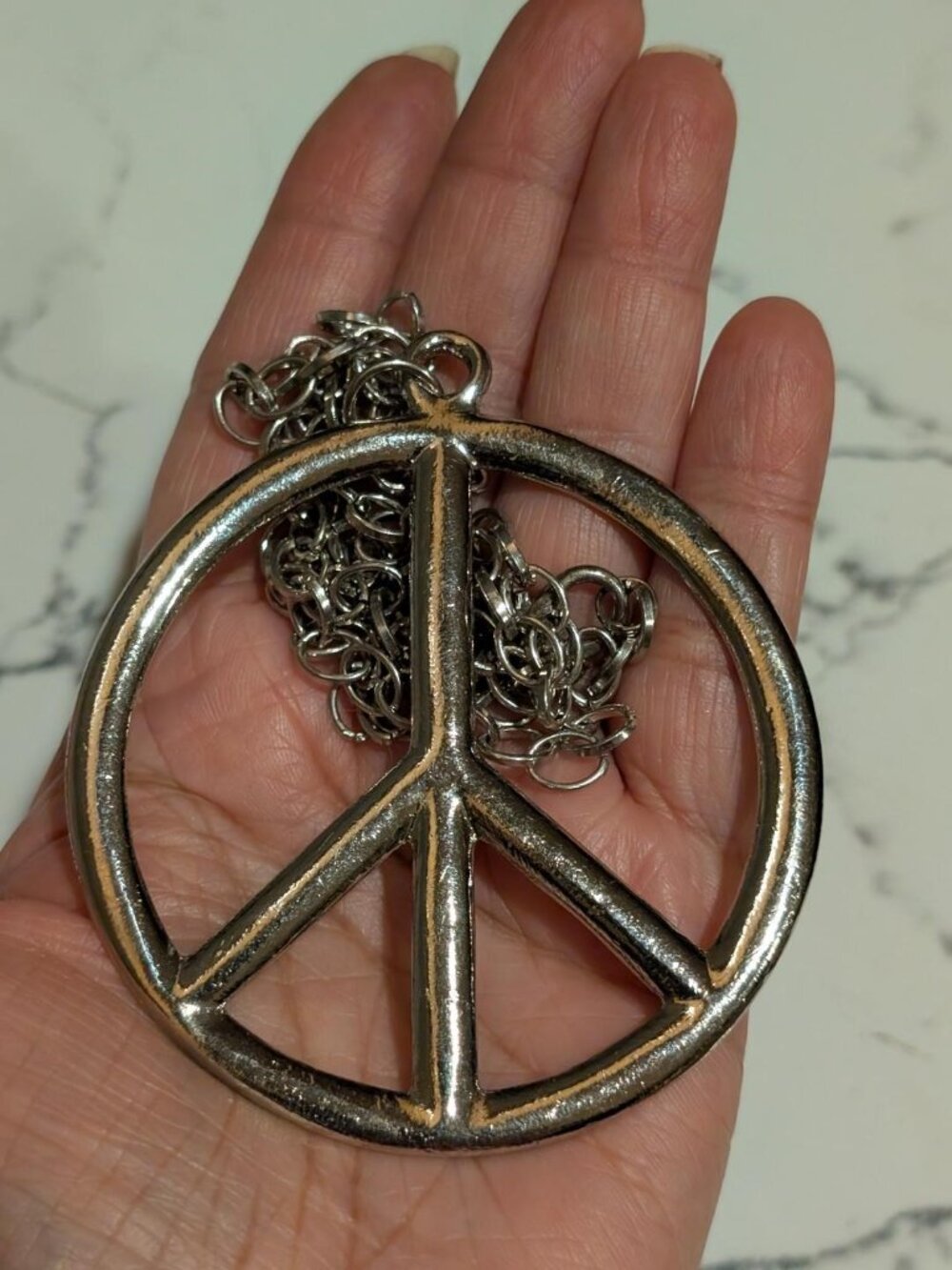 Large Silver Tone PEACE Pendant Necklace